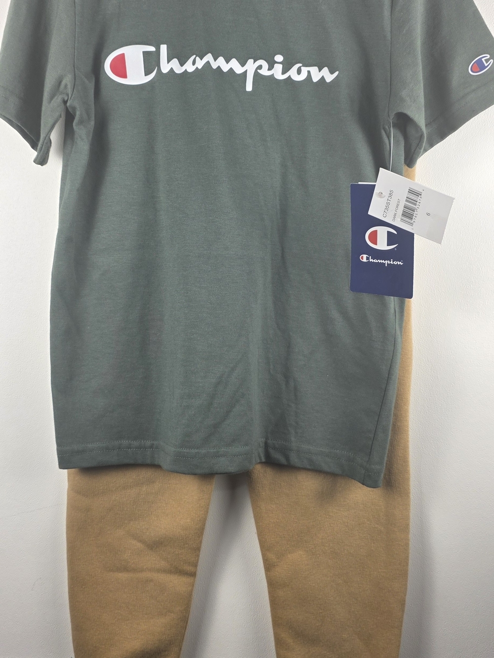 NWT Champion Boys Size 6 Olive Green T-Shirt & Tan Joggers 2-Piece Outfit Set